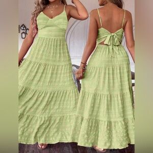 Linen-Texture Sage Green Maxi Dress with Back Tie